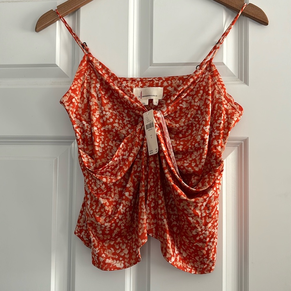 NWT! By Anthropologie Knot Front Tank Size Small Women Orange White Leaf Print